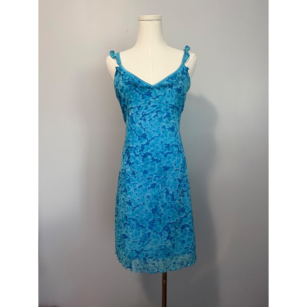 Xhilaration Blue Floral Mesh Fairycore Slip Dress Ruffle Trim V-Neck Large